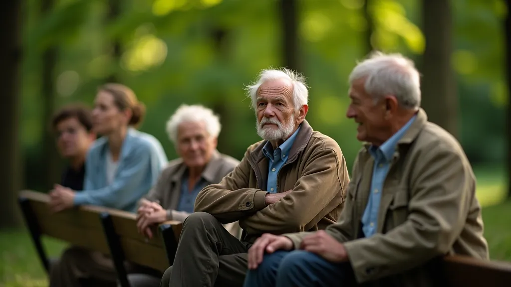 Grupa seniorów odpoczywająca na ławce w lesie, rozmawia i obserwuje naturę