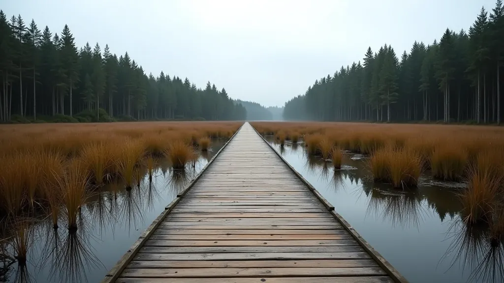 Drewniane pomostu nad torfowiskiem w Puszczy Kampinoskiej z odbiciem nieba