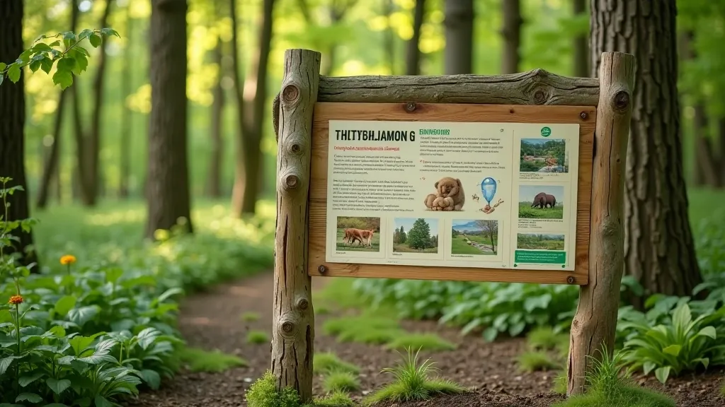Tablica informacyjna w lesie opisująca gatunki zwierząt i ptaków w Kampinowskim Parku Narodowym